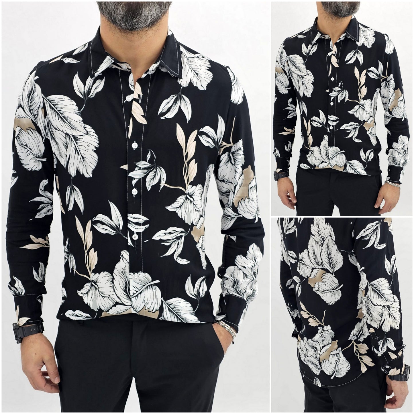 Camicia uomo con collo nero elasticizzata viscosa Morbida Manica lunga floreale