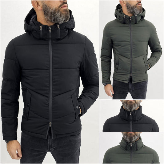 Giubbotto parka corto uomo semi impermeabile nero/verde slim Cappuccio s,m,l,xl,xxl