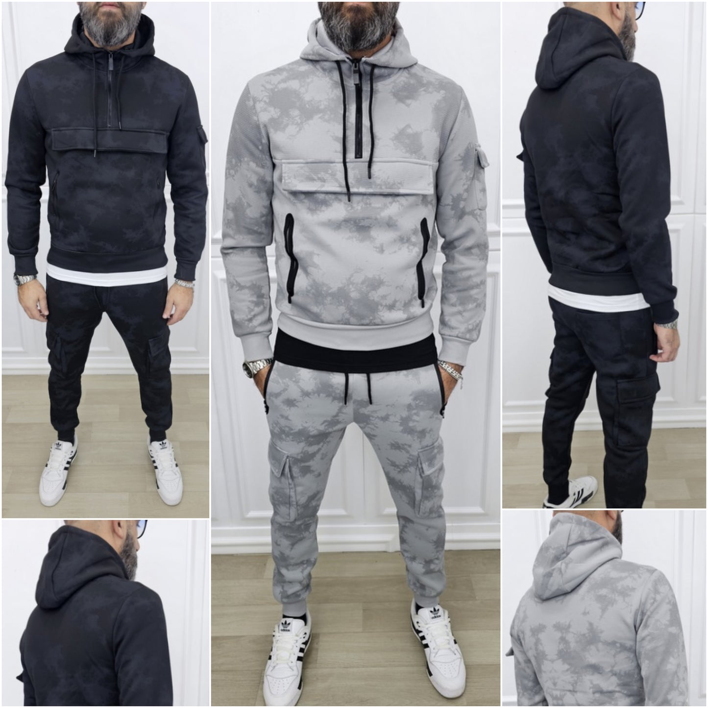 Tuta Tech mimetica cargo Nido D'ape Cappuccio felpata Nero/Grigio  s,m,l,xl,xxl