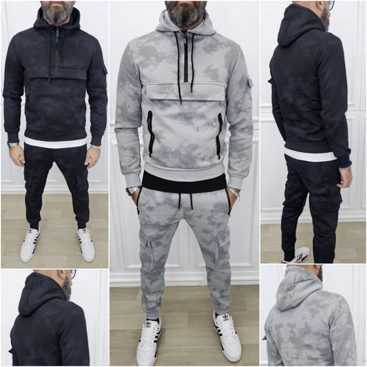 Tuta Tech mimetica cargo Nido D'ape Cappuccio felpata Nero/Grigio  s,m,l,xl,xxl