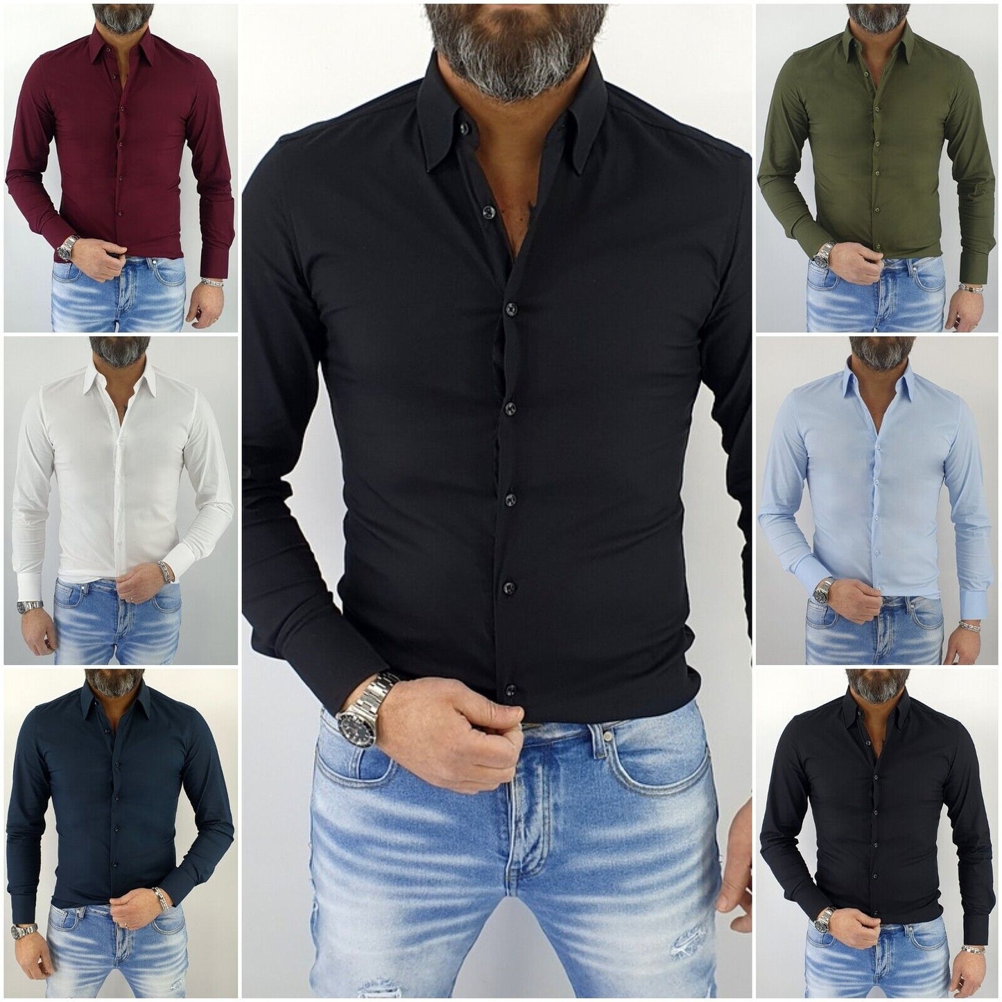 Camicia uomo slim fit in cotone a manica lunga aderente elasticizzata