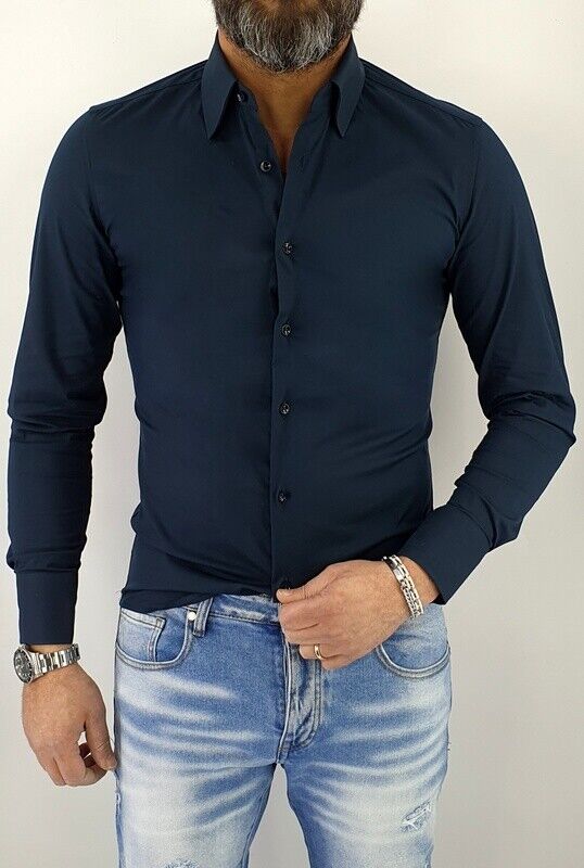 Camicia uomo slim fit in cotone a manica lunga aderente elasticizzata