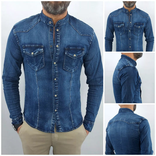 Camicia di Jeans Coreana uomo blu denim a manica Lunga slim madreperla