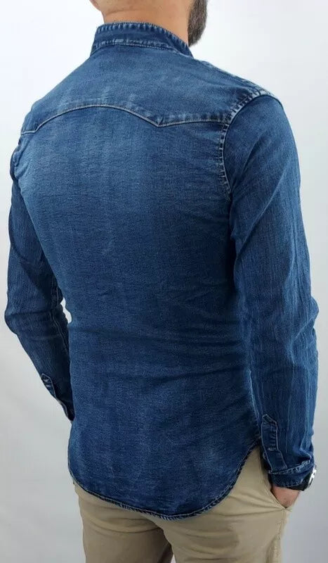 Camicia di Jeans Coreana uomo blu denim a manica Lunga slim madreperla