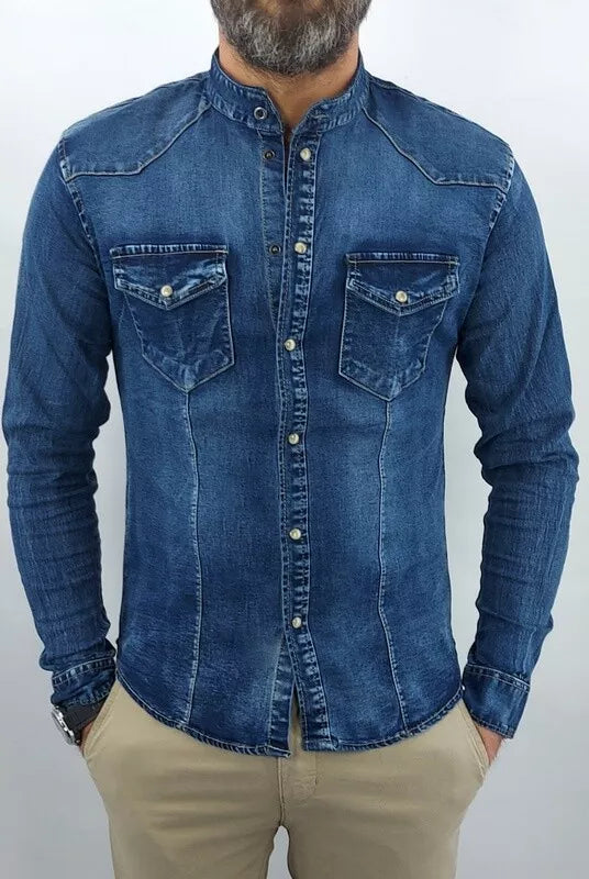 Camicia di Jeans Coreana uomo blu denim a manica Lunga slim madreperla