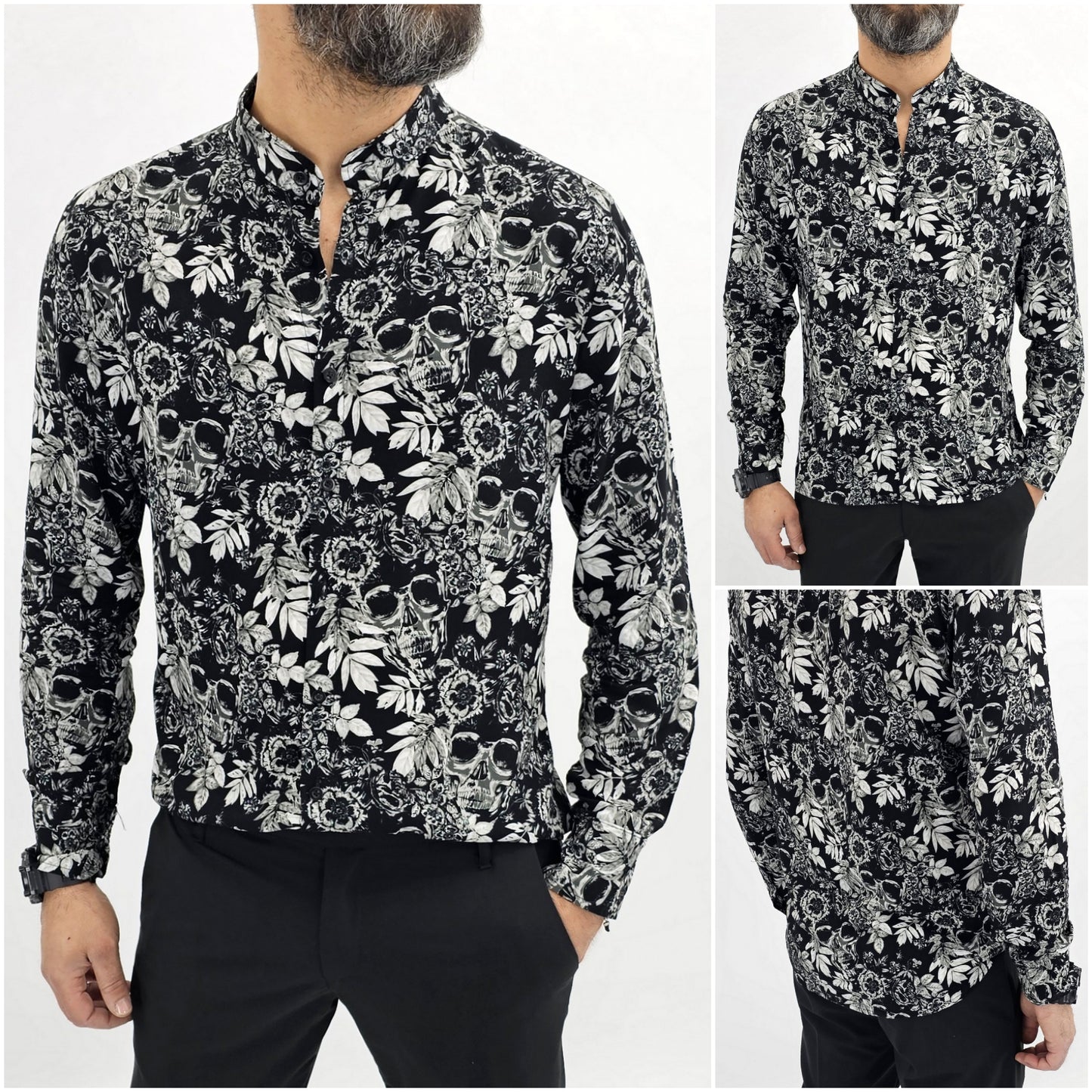 Camicia uomo coreana nero elasticizzata viscosa teschi Manica lunga floreale