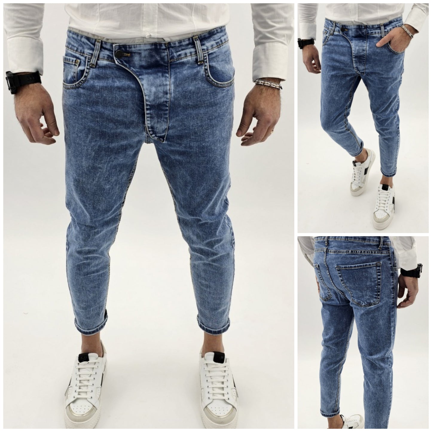 Jeans Pantaloni pattina bottoni Uomo Elastico skinny slim fit capri blu italy