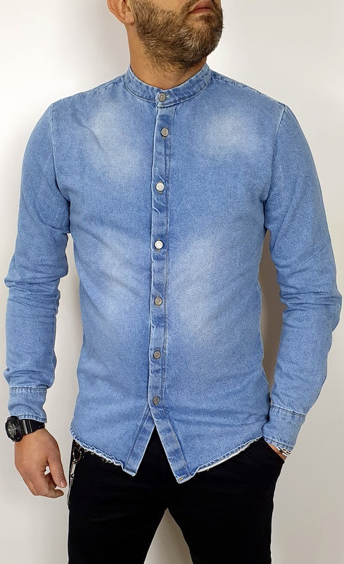 camicia di jeans uomo blu denim manica lunga slim coreana