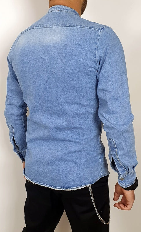 camicia di jeans uomo blu denim manica lunga slim coreana