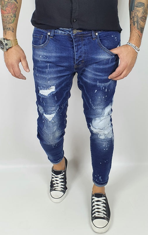 Jeans Denim Pantaloni Uomo Slim Fit Casual Blu Scuro Con Strappi Cotone