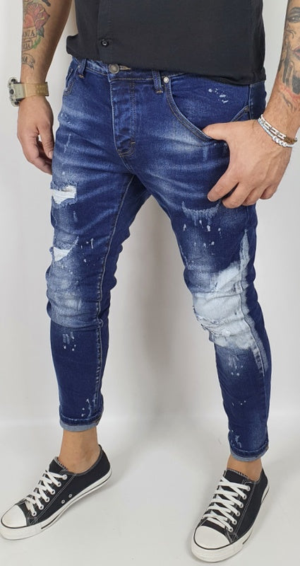 Jeans Denim Pantaloni Uomo Slim Fit Casual Blu Scuro Con Strappi Cotone