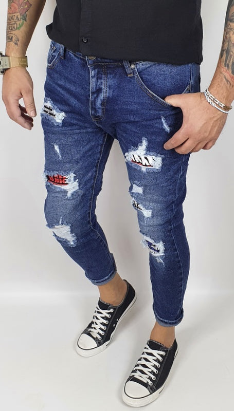 Jeans Denim Pantaloni Uomo Slim Fit Casual Blu Scuro Con Strappi Toppe