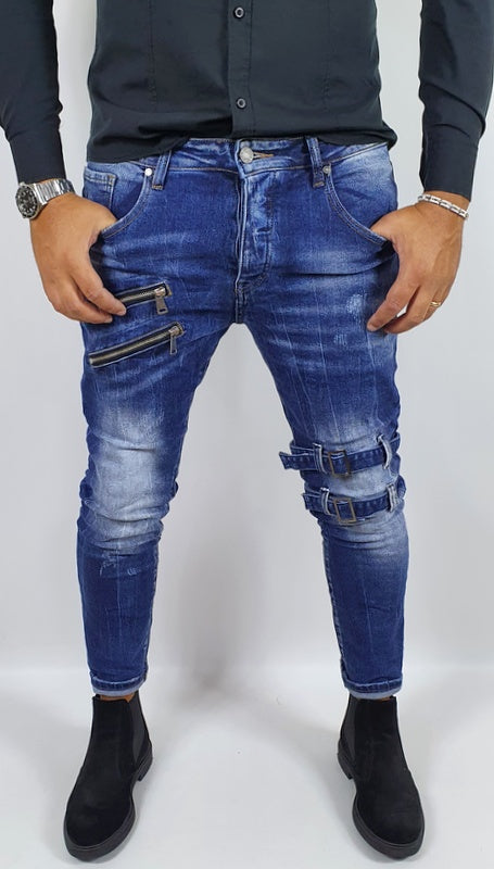 jeans pantalone uomo zip cotone elastico casual fibbie