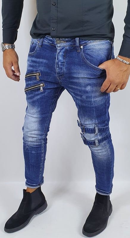 jeans pantalone uomo zip cotone elastico casual fibbie