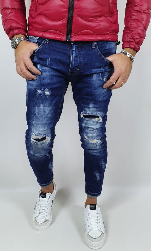 Jeans Pantalone Uomo Cotone Elastico Casual Strappato blu Skinny fit Denim Slim