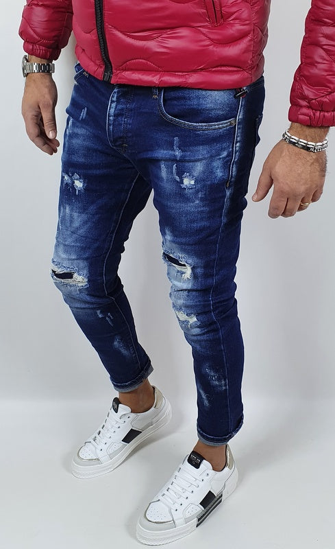 Jeans Pantalone Uomo Cotone Elastico Casual Strappato blu Skinny fit Denim Slim