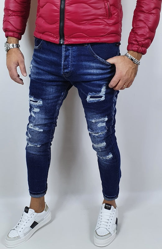 Jeans Pantalone Uomo Cotone Elastico Casual Strappato Skinny Slim fit Denim Slim