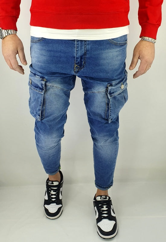 Jeans Pantalone Uomo Strappi Cotone Elasticizzato Tasconi Blu Cargo Tasche Denim
