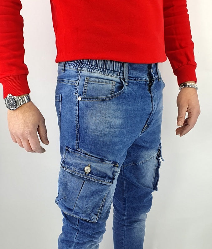 Jeans Pantalone Uomo Strappi Cotone Elasticizzato Tasconi Blu Cargo Tasche Denim