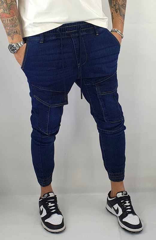 Jeans Pantalone Uomo Lacci Cotone Elasticizzato Tasconi Blu Cargo Tasche Molla