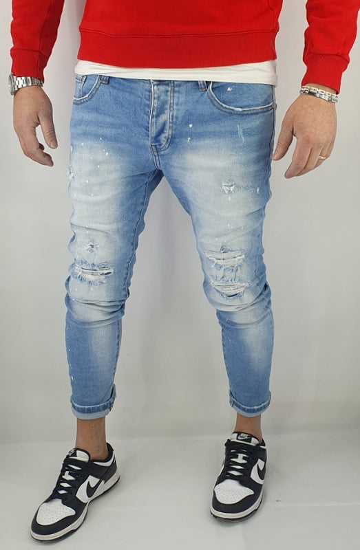 Jeans Denim Pantaloni Uomo Slim Fit Elasticizzato Con Strappi Pittura Chiaro Blu