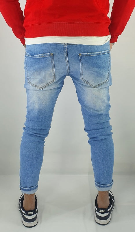 Jeans Denim Pantaloni Uomo Slim Fit Elasticizzato Con Strappi Pittura Chiaro Blu