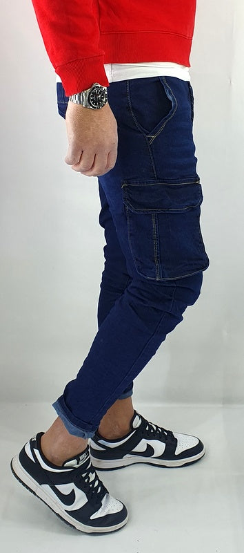 Jeans Pantalone Uomo Lacci Cotone Elasticizzato Tasconi Blu Scuro Cargo Tasche