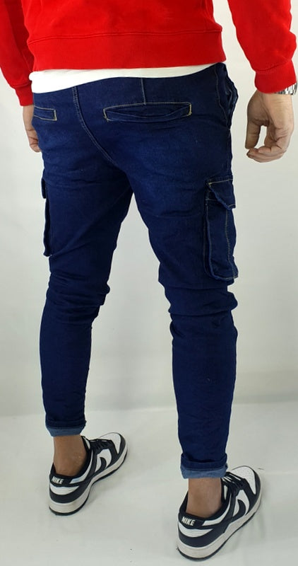 Jeans Pantalone Uomo Lacci Cotone Elasticizzato Tasconi Blu Scuro Cargo Tasche