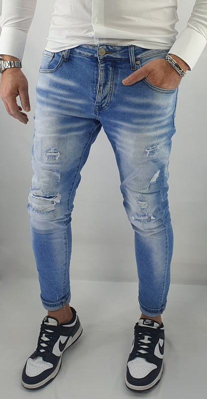Jeans Denim Pantaloni Uomo Slim Fit Elasticizzato Con Strappi Sfumato Chiaro Blu