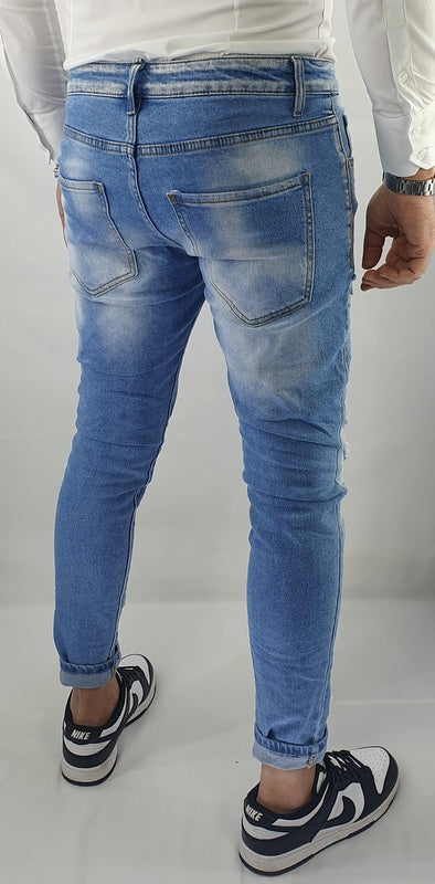 Jeans Denim Pantaloni Uomo Slim Fit Elasticizzato Con Strappi Sfumato Chiaro Blu