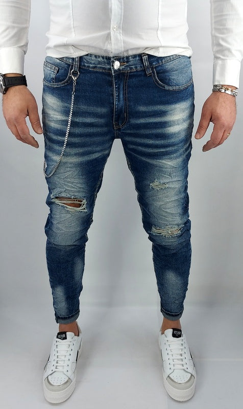 Jeans uomo Primaverile Blu Catena Estraibile Slim Elasticizzati Con Strappi Caviglia stretta