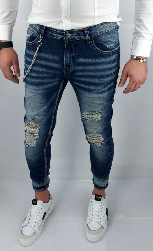 Jeans uomo Primaverile Blu Sfumato Catena Estraibile Slim Elasticizzati Strappi Caviglia stretta