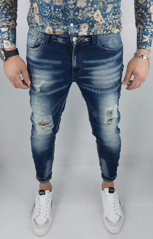 Jeans uomo Primaverile Blu Sfumato Slim Elasticizzati Stropicciati con Strappi Caviglia stretta