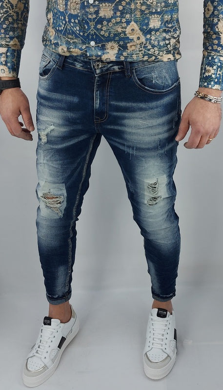 Jeans uomo Primaverile Blu Sfumato Slim Elasticizzati Stropicciati con Strappi Caviglia stretta