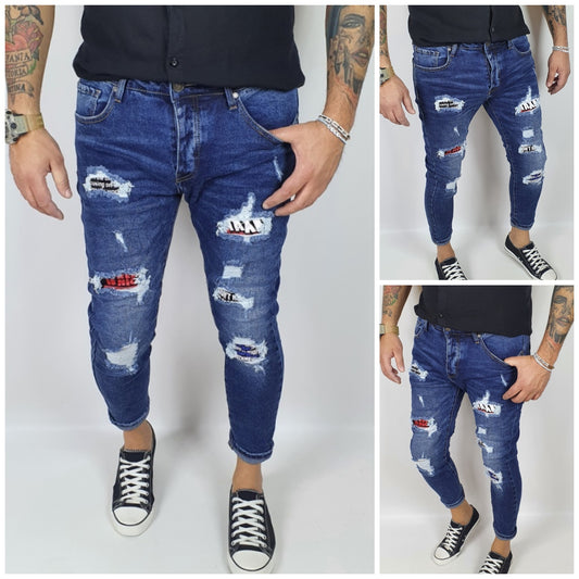 Jeans Denim Pantaloni Uomo Slim Fit Casual Blu Scuro Con Strappi Toppe