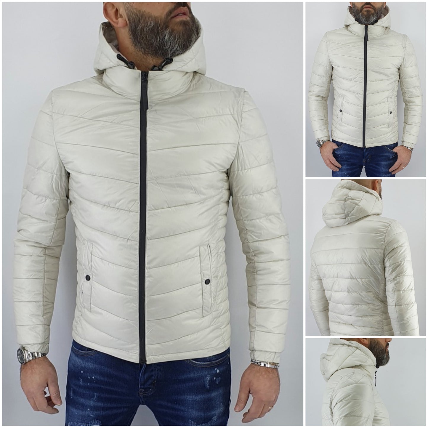 Giubbotto Uomo Giubbino Foderato Piumino Bianco Primaverile Cappuccio Slim