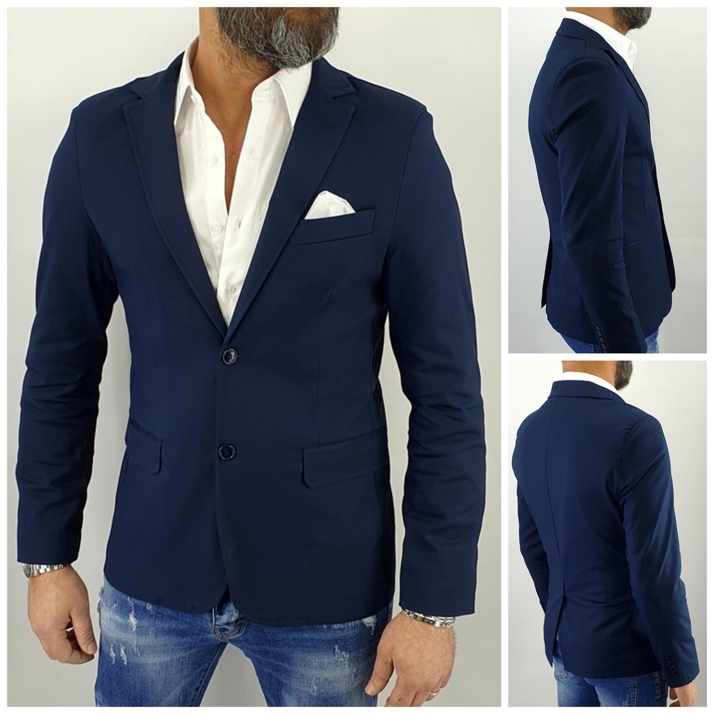 giacca uomo 2 bottoni blu cotone elastico pochette richiudibile s,m,l,xl,xxl