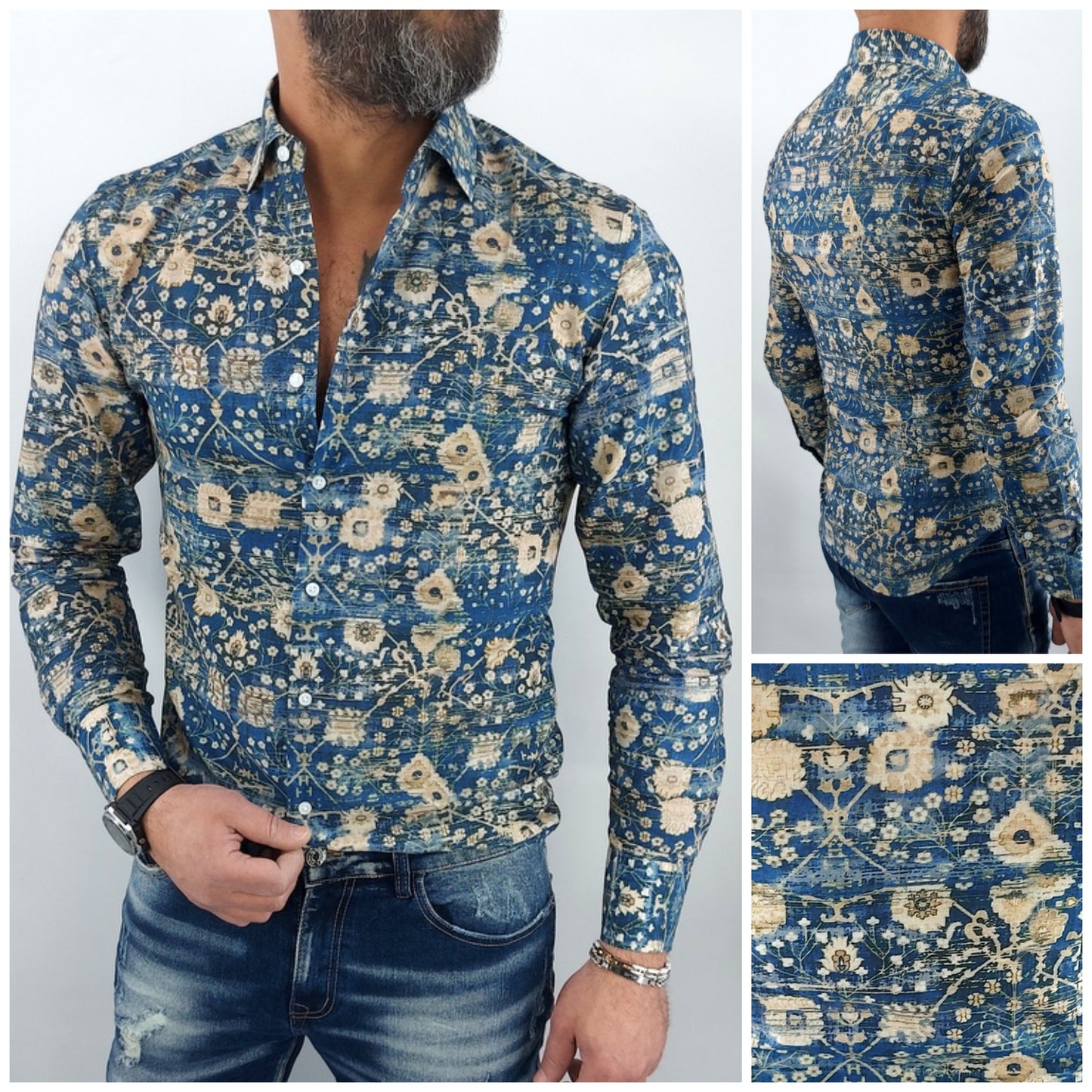 Camicia uomo Tessuto Elastico casual Collo blu/Sabbia Floreale Foglie Manica lunga Slim