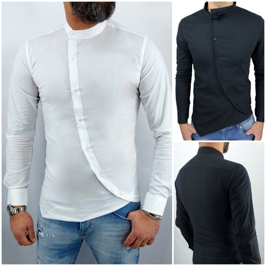 camicia uomo coreana abbottonatura trasversale nero/bianco tessuto elastico slim fit s,m,l,xl,xxl