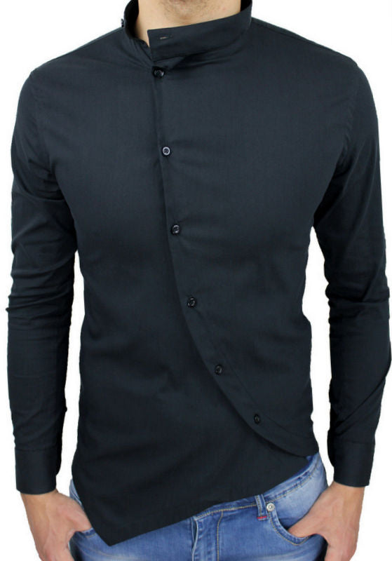 camicia uomo coreana abbottonatura trasversale nero/bianco tessuto elastico slim fit s,m,l,xl,xxl